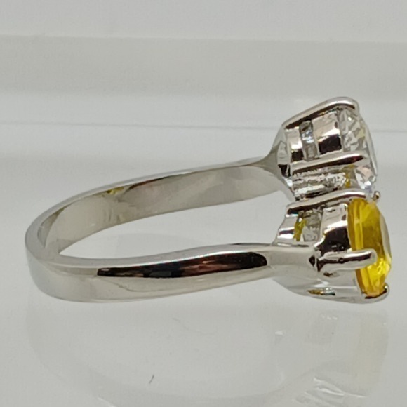 Silver Tone Bypass Ring Two Stone Yellow Sapphire Clear CZ Round Cut Size 7 - Picture 7 of 11